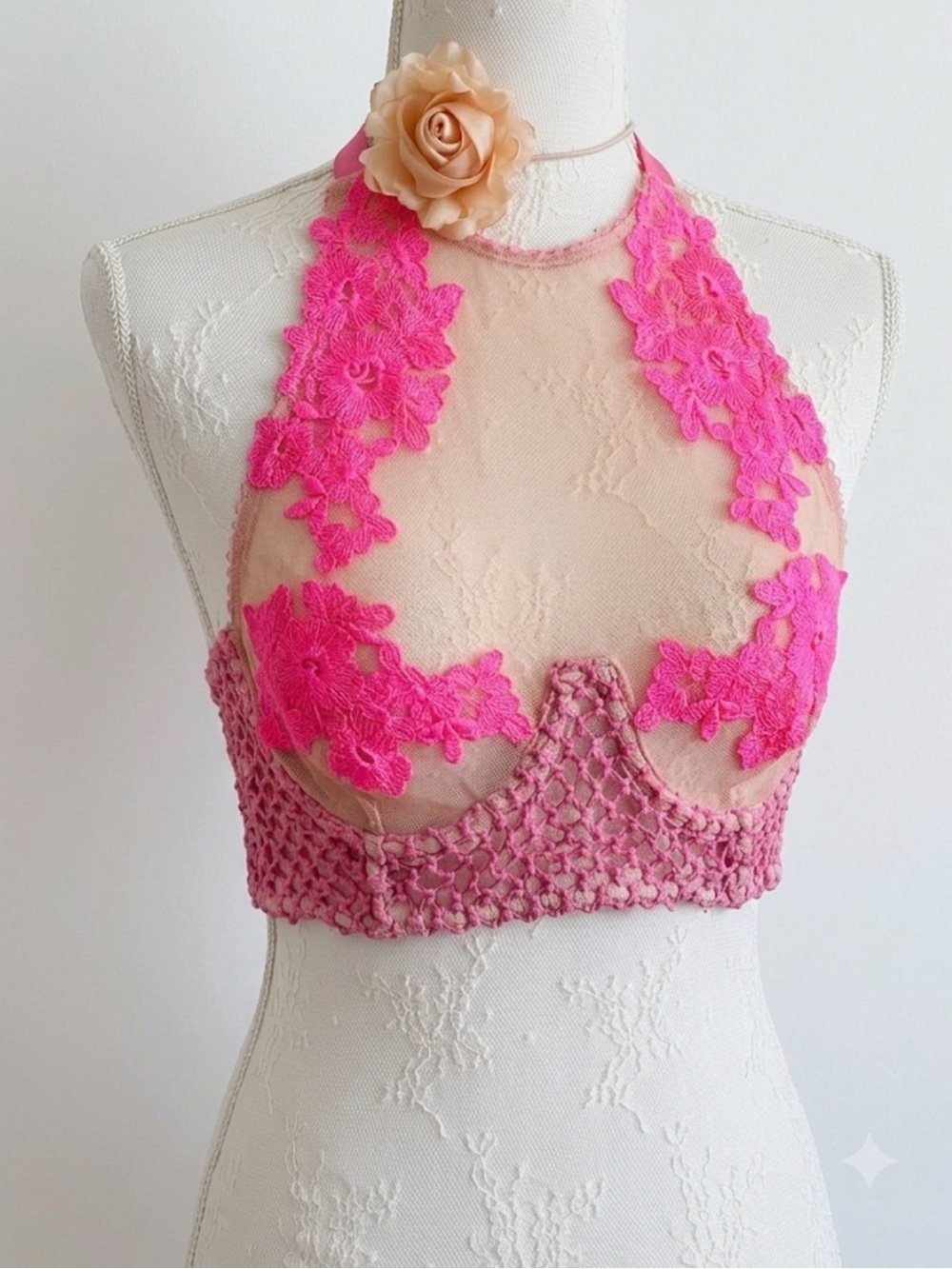 Fairycore Victoria’s Secret Coquette Lace and Mesh Pink Halter Neck Bra Size 32C